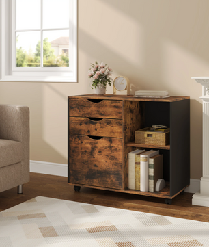 Verrijdbare Houten Archiefkast met 3 Lades – Hangmappen en Open Vakken, 80x69,5x39,5 cm