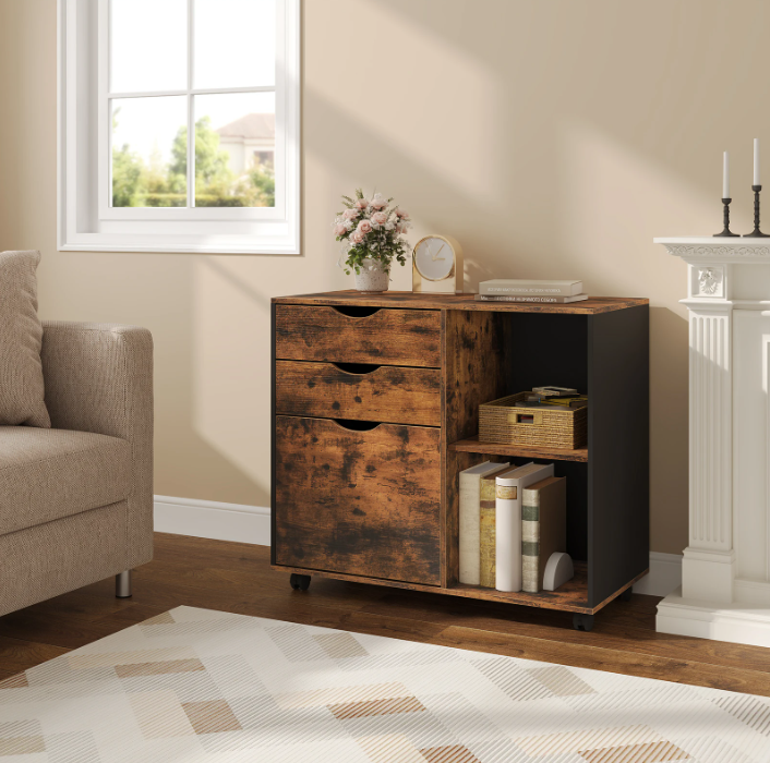 Verrijdbare Houten Archiefkast met 3 Lades – Hangmappen en Open Vakken, 80x69,5x39,5 cm