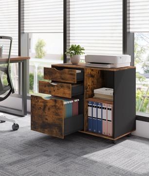 Verrijdbare Houten Archiefkast met 3 Lades – Hangmappen en Open Vakken, 80x69,5x39,5 cm