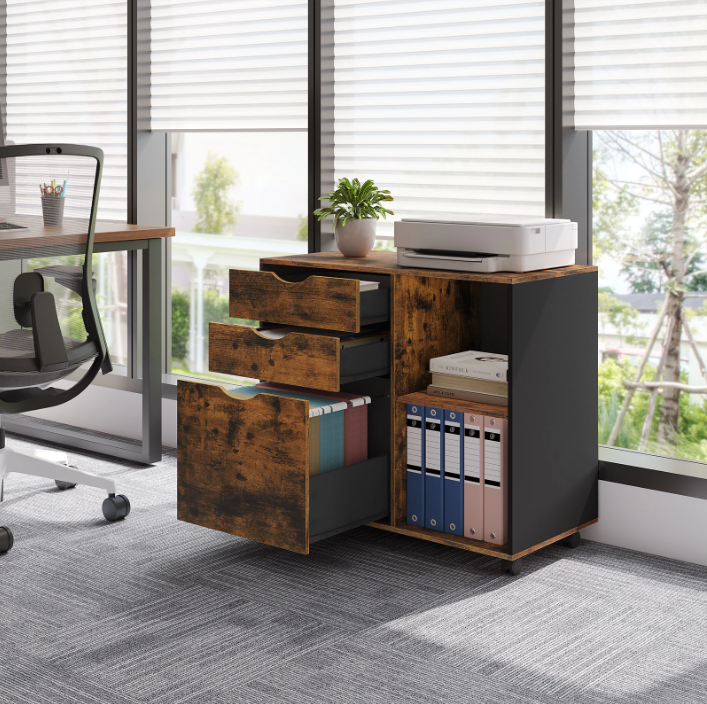 Verrijdbare Houten Archiefkast met 3 Lades – Hangmappen en Open Vakken, 80x69,5x39,5 cm