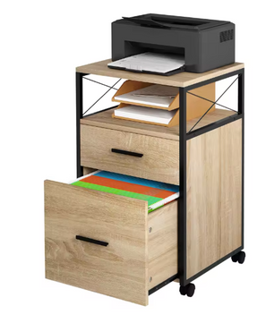 Verrijdbare Houten Archiefkast met 2 Lades en Open Vakken – 40x69x40 cm