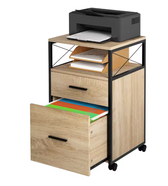 Verrijdbare Houten Archiefkast met 2 Lades en Open Vakken – 40x69x40 cm