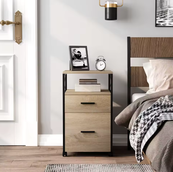 Verrijdbare Houten Archiefkast met 2 Lades en Open Vakken – 40x69x40 cm