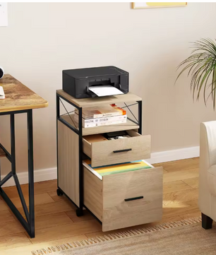 Verrijdbare Houten Archiefkast met 2 Lades en Open Vakken – 40x69x40 cm