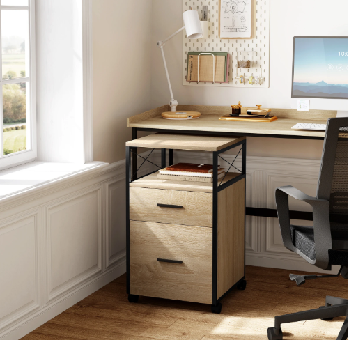 Verrijdbare Houten Archiefkast met 2 Lades en Open Vakken – 40x69x40 cm