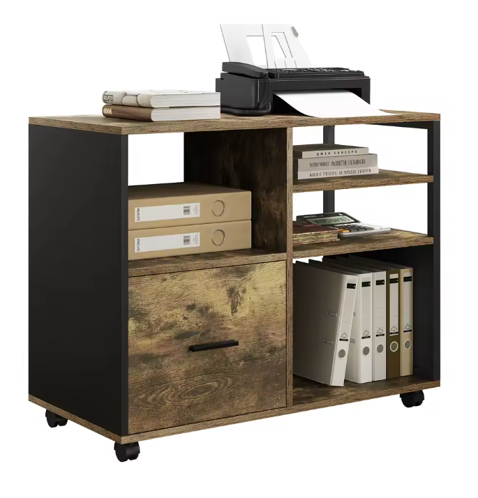 Houten Printerkast met Lade en Wielen – Industrieel Design