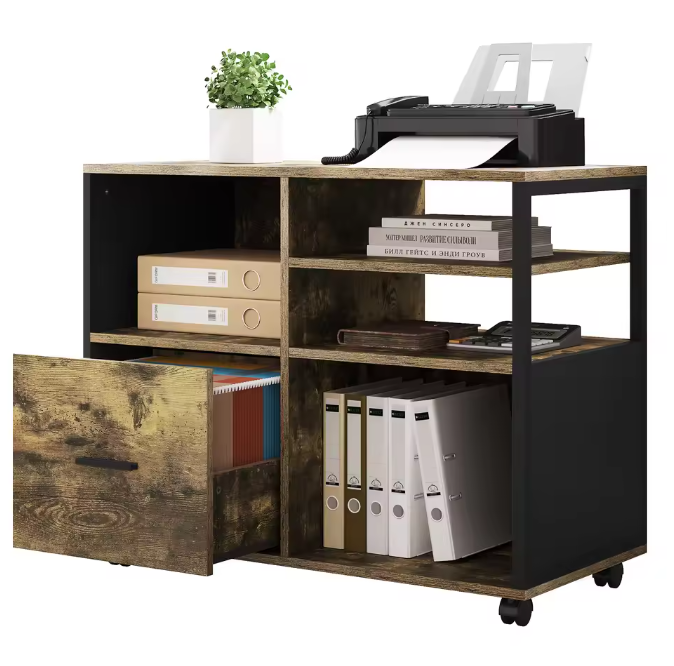 Houten Printerkast met Lade en Wielen – Industrieel Design