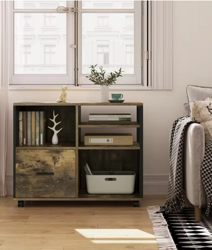 Houten Printerkast met Lade en Wielen – Industrieel Design