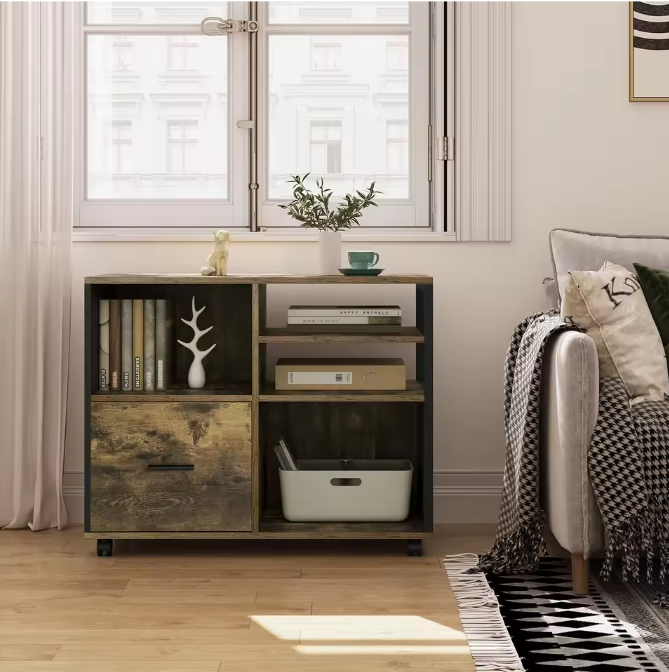 Houten Printerkast met Lade en Wielen – Industrieel Design