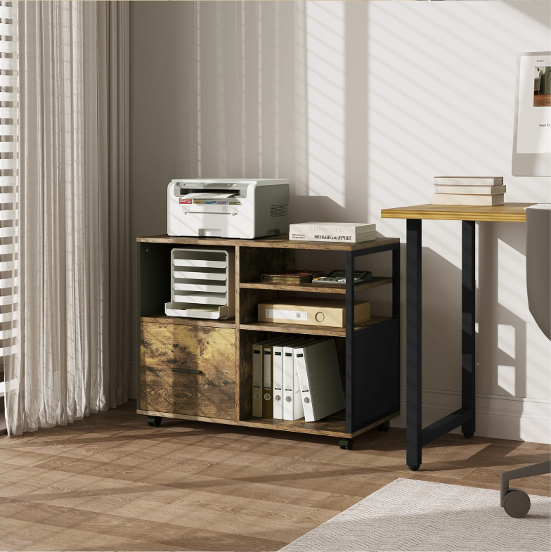 Houten Verrijdbare Archiefkast met Lade en Open Vakken – 80x65x40 cm