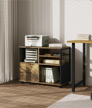 Houten Printerkast met Lade en Wielen – Industrieel Design
