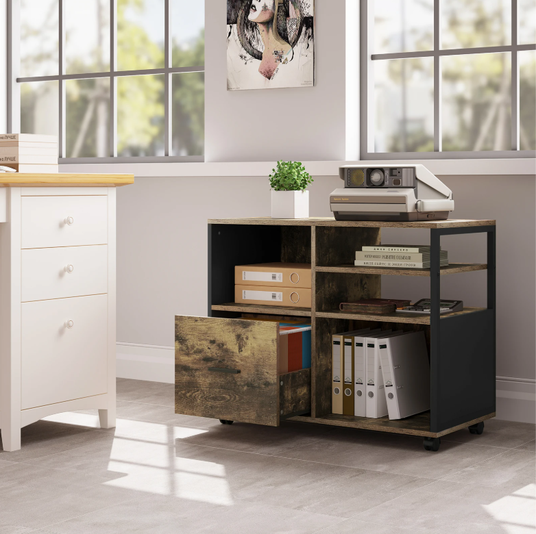 Houten Verrijdbare Archiefkast met Lade en Open Vakken – 80x65x40 cm