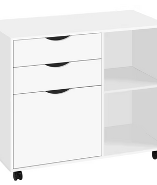 Witte Verrijdbare Archiefkast met 3 Lades en Open Vakken