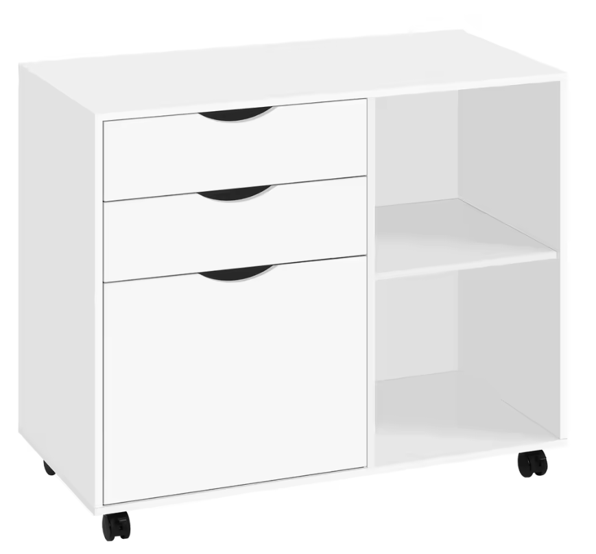 Witte Verrijdbare Archiefkast met 3 Lades en Open Vakken