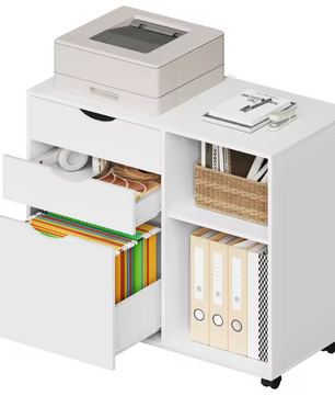 Witte Verrijdbare Archiefkast met 3 Lades en Open Vakken