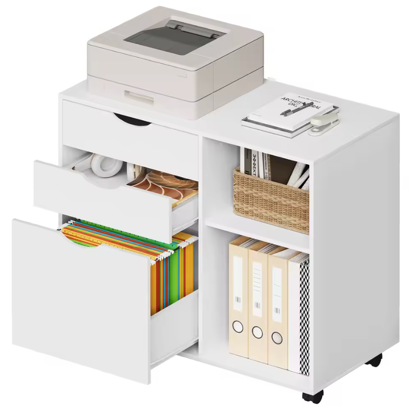Witte Verrijdbare Archiefkast met 3 Lades en Open Vakken