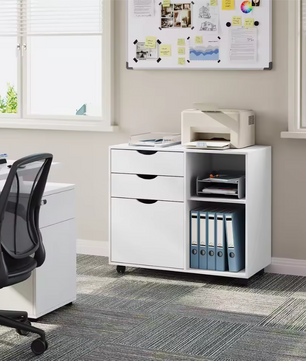 Witte Verrijdbare Archiefkast met 3 Lades en Open Vakken
