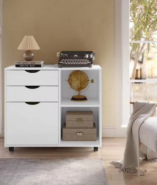 Witte Verrijdbare Archiefkast met 3 Lades en Open Vakken