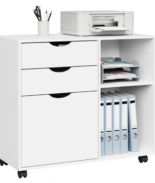 Witte Verrijdbare Archiefkast met 3 Lades en Open Vakken