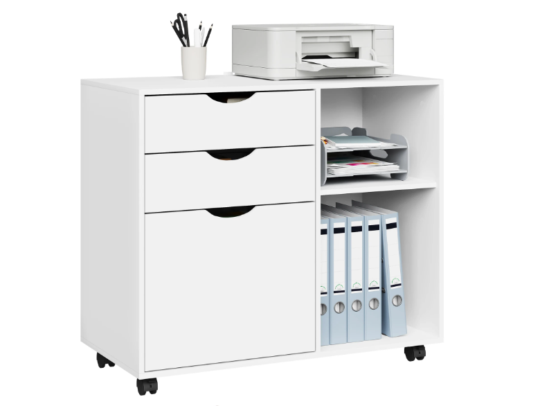 Witte Verrijdbare Archiefkast met 3 Lades en Open Vakken
