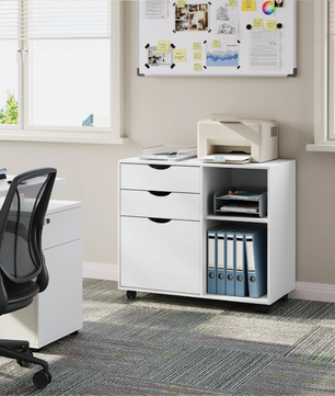 Witte Verrijdbare Archiefkast met 3 Lades en Open Vakken