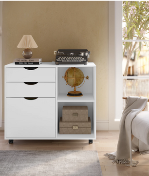 Witte Verrijdbare Archiefkast met 3 Lades en Open Vakken