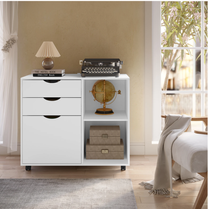 Witte Verrijdbare Archiefkast met 3 Lades en Open Vakken