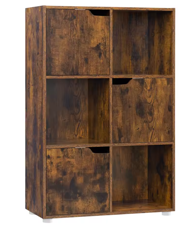 Houten Boekenkast met 6 Vakken en Deuren – 59,7x29,7x91 cm