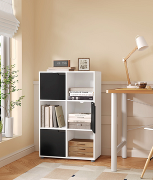 Houten Boekenkast met 6 Vakken en Deuren – 59,7x29,7x91 cm