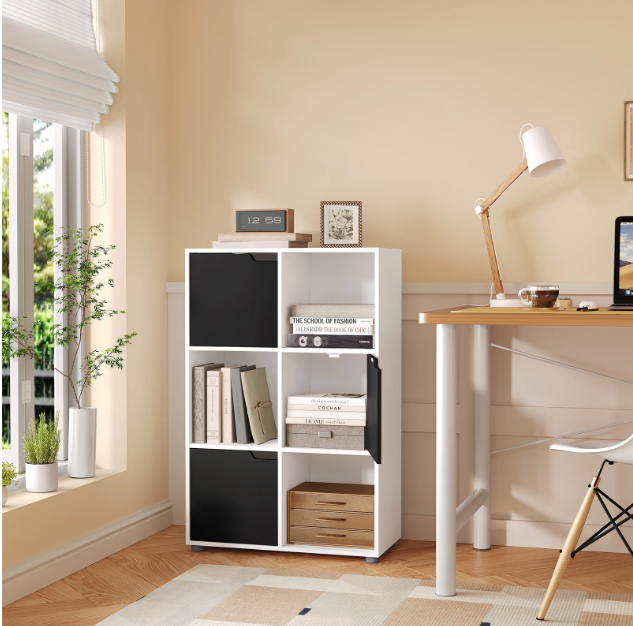 Houten Boekenkast met 6 Vakken en Deuren – 59,7x29,7x91 cm