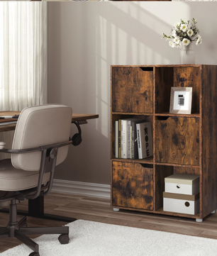 Houten Boekenkast met 6 Vakken en Deuren – 59,7x29,7x91 cm