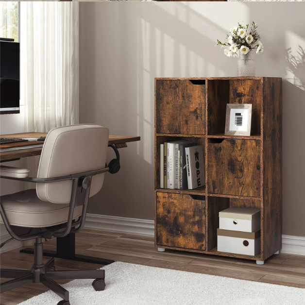 Houten Boekenkast met 6 Vakken en Deuren – 59,7x29,7x91 cm