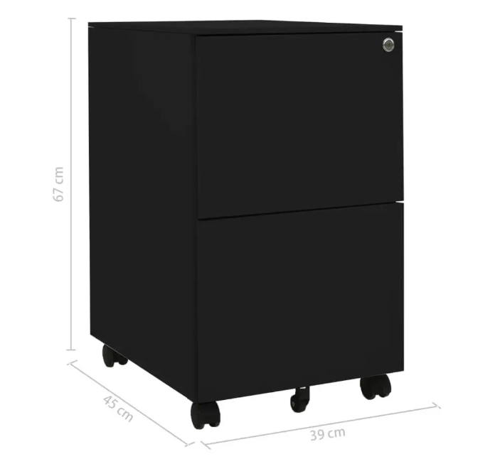 Zwarte Metalen Verrijdbare Archiefkast met 2 Lades – 39x45x67 cm