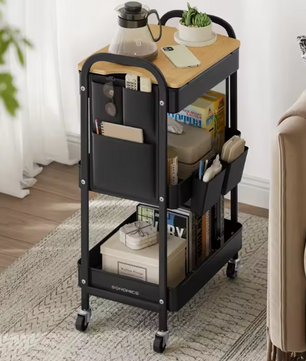Zwarte Metalen Keuken- en Servieswagen met Opbergbakken – 30,6x44,3x74,2 cm