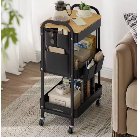 Zwarte Metalen Keuken- en Servieswagen met Opbergbakken – 30,6x44,3x74,2 cm