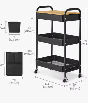 Zwarte Metalen Keuken- en Servieswagen met Opbergbakken – 30,6x44,3x74,2 cm
