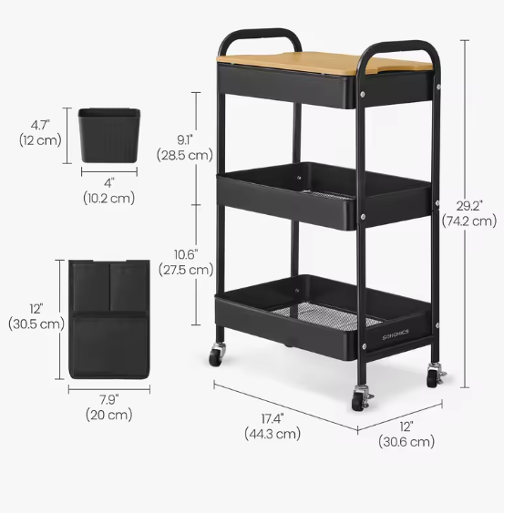 Zwarte Metalen Keuken- en Servieswagen met Opbergbakken – 30,6x44,3x74,2 cm