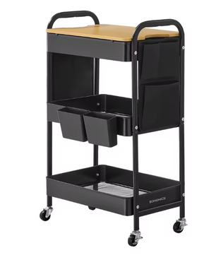 Zwarte Metalen Keuken- en Servieswagen met Opbergbakken – 30,6x44,3x74,2 cm
