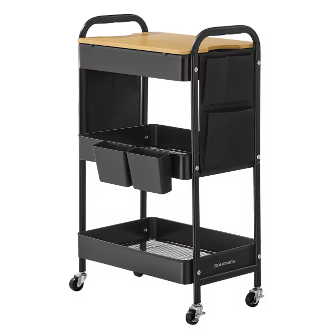 Zwarte Metalen Keuken- en Servieswagen met Opbergbakken – 30,6x44,3x74,2 cm