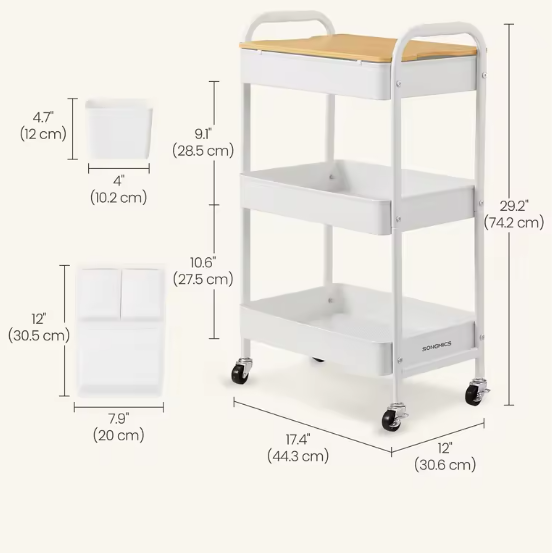 Zwarte Metalen Keuken- en Servieswagen met Opbergbakken – 30,6x44,3x74,2 cm
