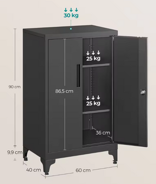 Zwarte Metalen Opbergkast met 2 Deuren en Verstelbare Planken – 40x60x90 cm
