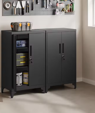 Zwarte Metalen Opbergkast met 2 Deuren en Verstelbare Planken – 40x60x90 cm