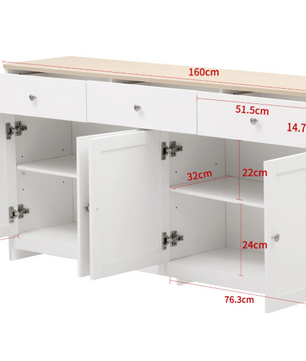 Witte Opbergkast met 4 Deuren en 3 Lades – 160x37x75 cm