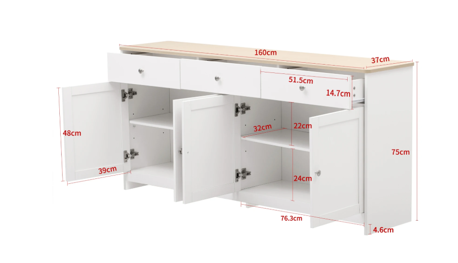 Witte Opbergkast met 4 Deuren en 3 Lades – 160x37x75 cm