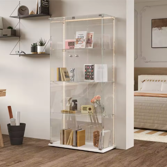 Witte Glazen Vitrinekast met LED-Verlichting en Slot – 78,5x35x163 cm