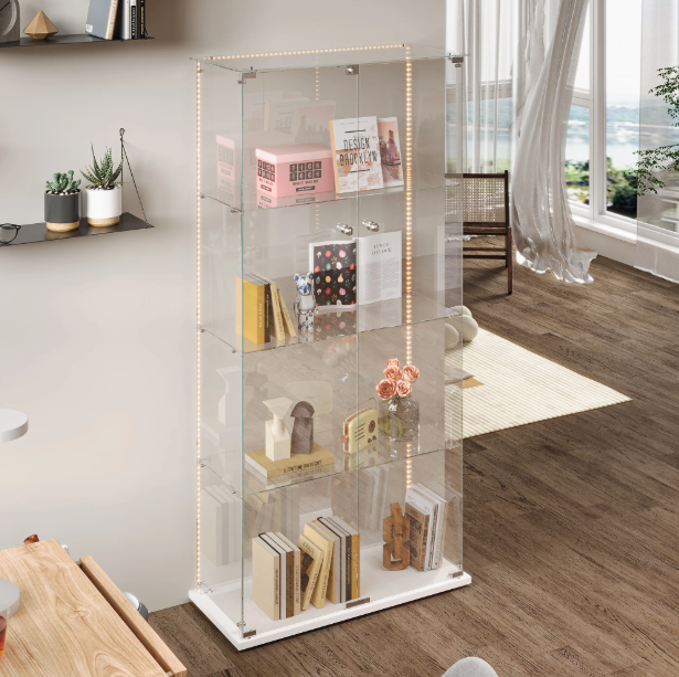 Witte Glazen Vitrinekast met LED-Verlichting en Slot – 78,5x35x163 cm