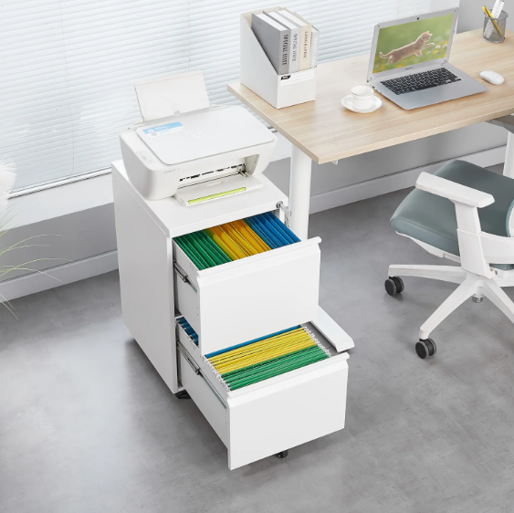 Witte Metalen Dossierkast met Slot – 2 Lades, Verrijdbaar Onder Bureau