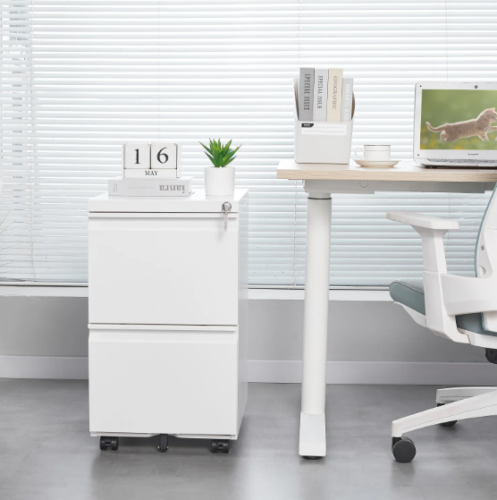 Witte Metalen Dossierkast met Slot – 2 Lades, Verrijdbaar Onder Bureau
