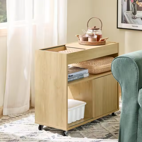 Houten Verrijdbare Dossierkast – Met Deuren en Verwijderbaar Bovenblad, Natuurlijk