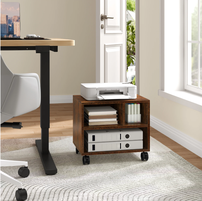 Verrijdbare Printertafel met Opbergruimte – Houtlook & Wielen, Compact en Multifunctioneel